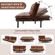 Convertible futon sofa bed in brown with adjustable backrest and armrests, ideal for small spaces and multifunctional.